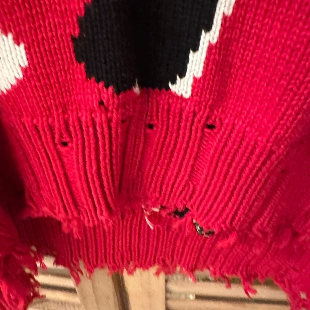 R13 Hearts Oversized Sweater Crew Pullover Distressed Punk Street Intarsia Red M - Picture 8 of 8